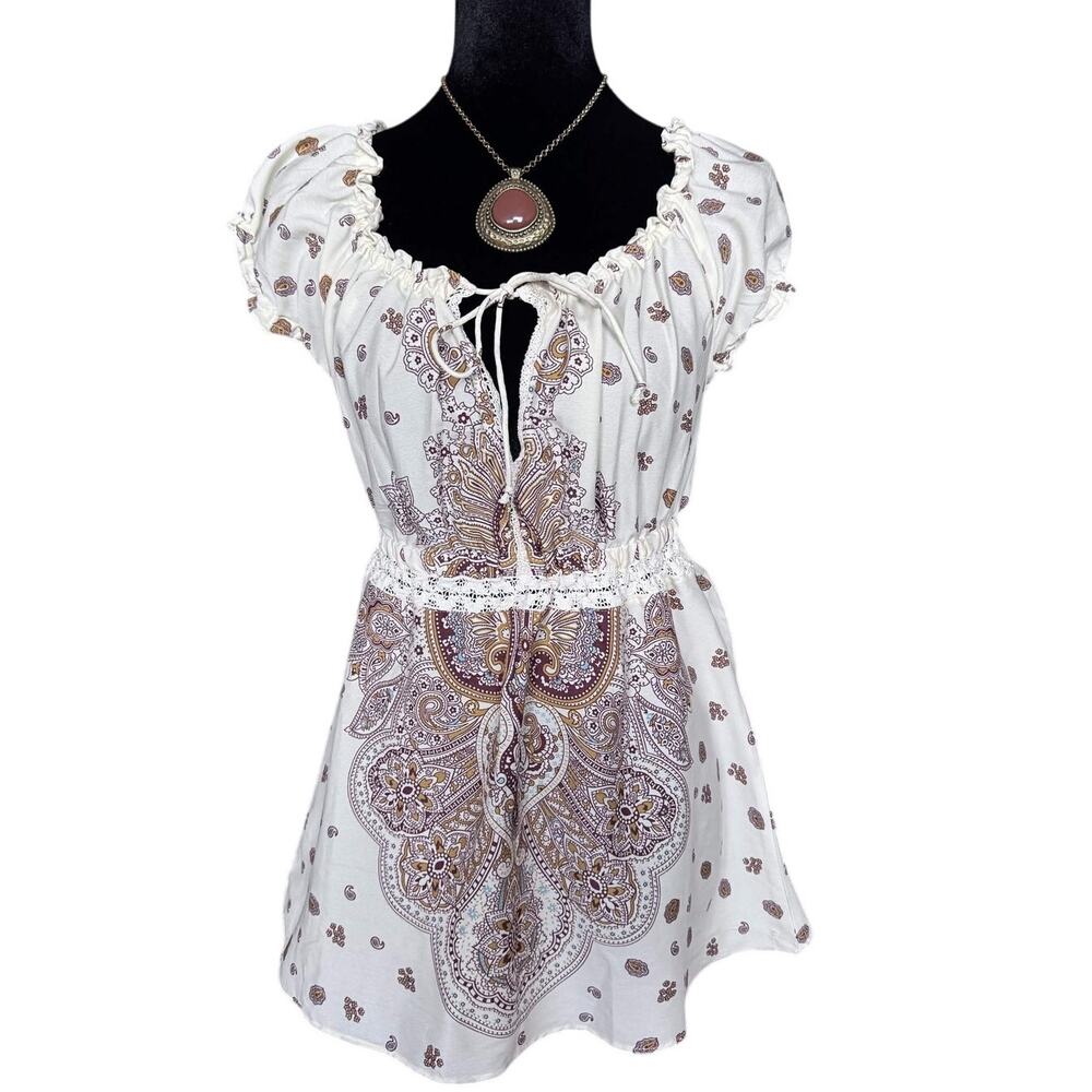 Shop With Velocity Boho Paisley Peasant Top Cream Earthy Size L Fits Small Med